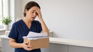 Frustrated dental office manager holding a box of sensor repairs and invoices.
