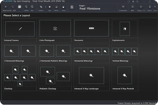 Dental imaging software layout screen showing intraoral camera, bitewing, panoramic, and cephalometric X-ray options