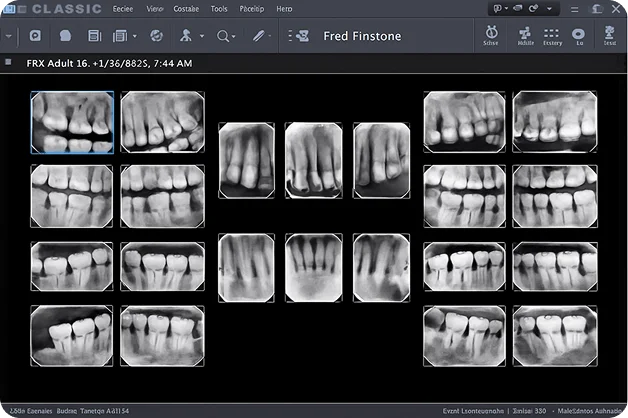 Full mouth dental X-ray series showing adult teeth roots, molars, premolars, and bitewing radiographs for diagnosis
