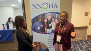Dr. Tara Milligan, Dental Director at Health Services Inc., talks with Jazz Imaging's Sarah Rosema at the NNOHA conference.